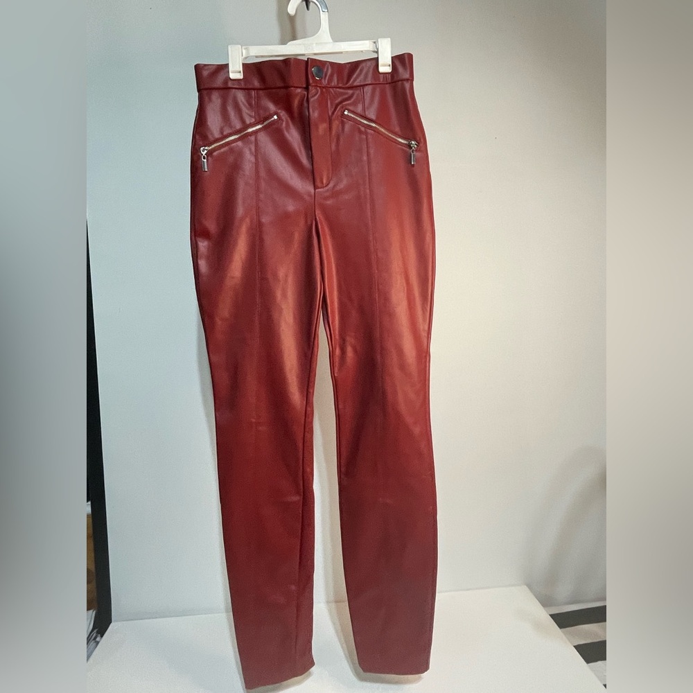 Zara Red Faux Leather Leggings with Zipper Pockets